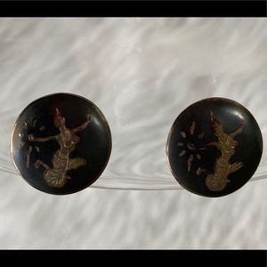 Vtg Niello Siam Sterling Silver Screw Back Earrings